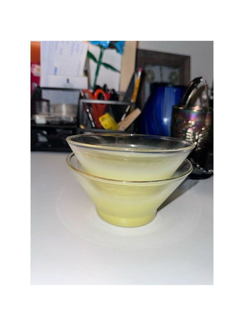 Vintage Blendo Small yellow Frosted Fruit Salad Cereal Bowl gold trim five inch